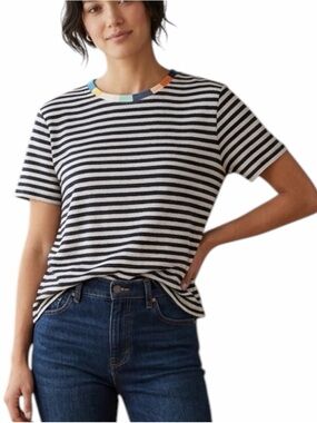 Splendid x Margherita Navy Striped, Rainbow Color block Collar Linen Tee Size SM